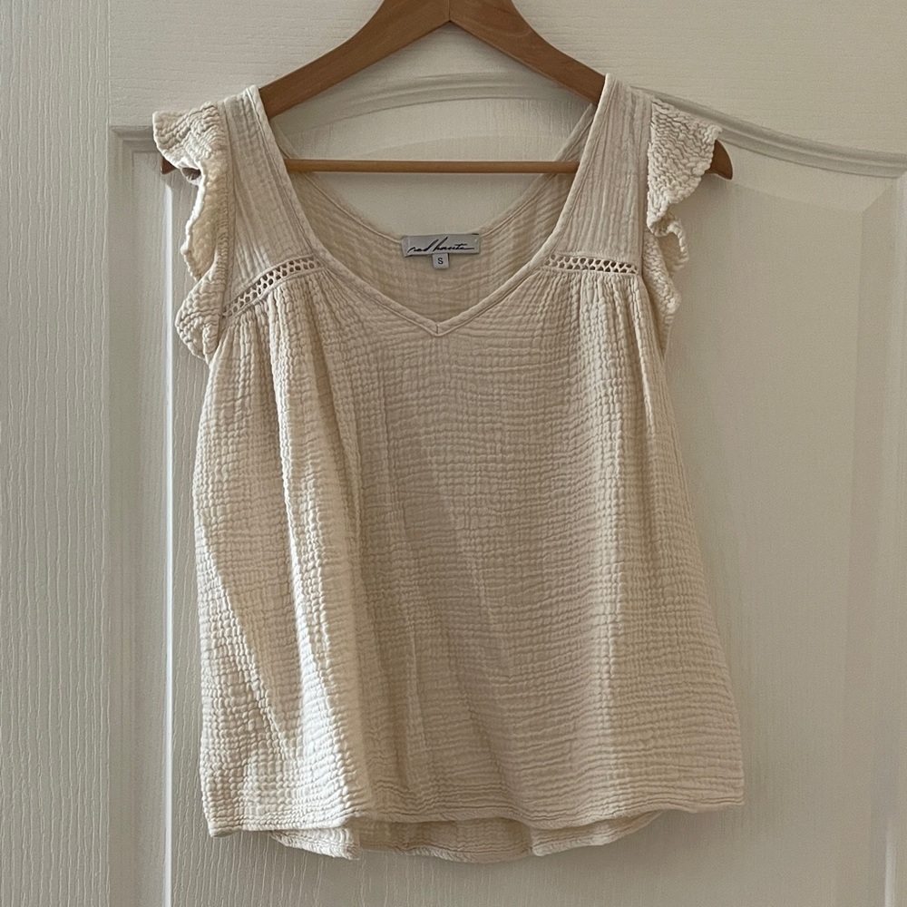 Red Haute breezy Cream Ruffled Sleeve low V-Neck Women's Top